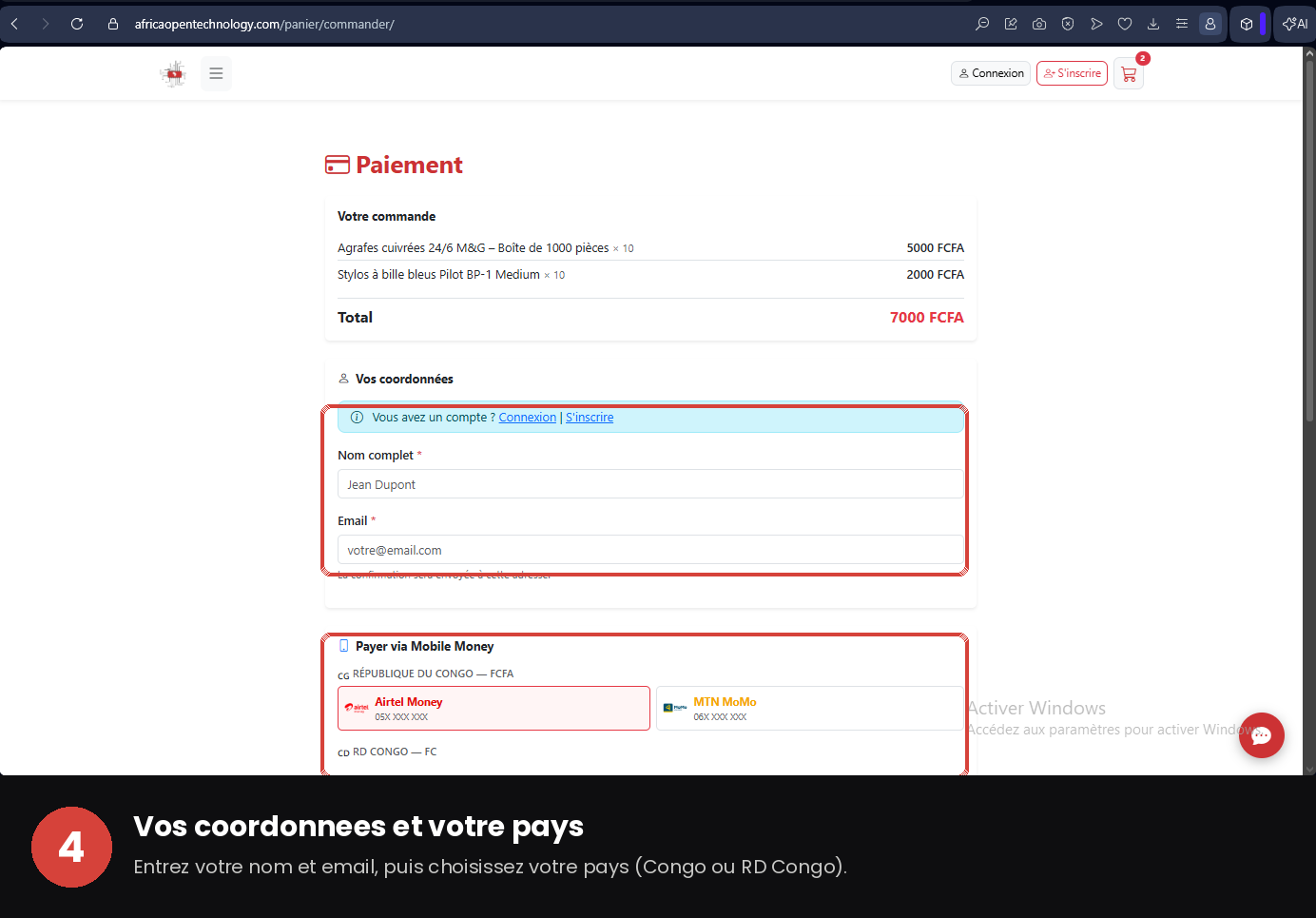 Étape 4 — Coordonnées et pays