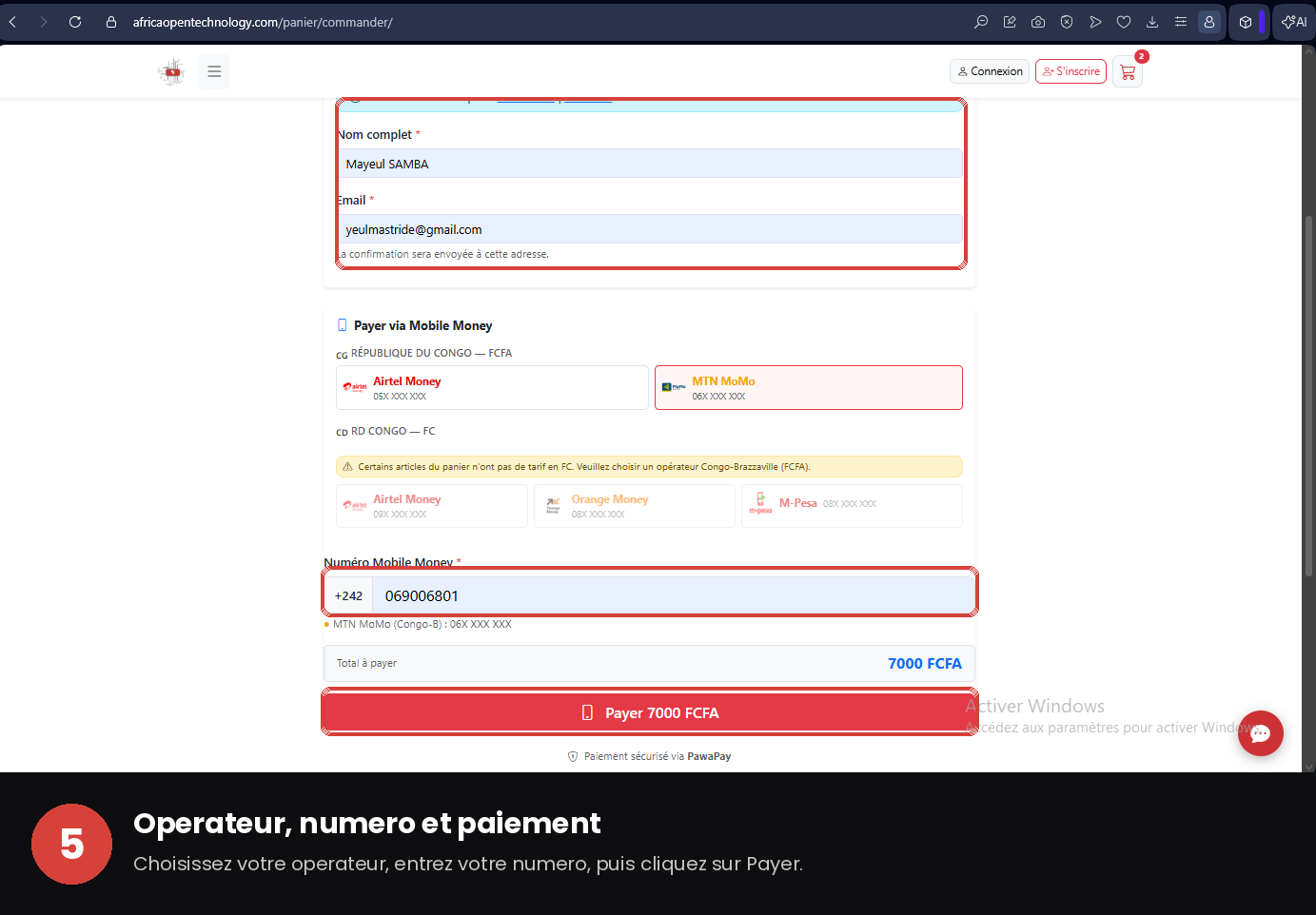 Étape 5 — Opérateur, numéro et paiement